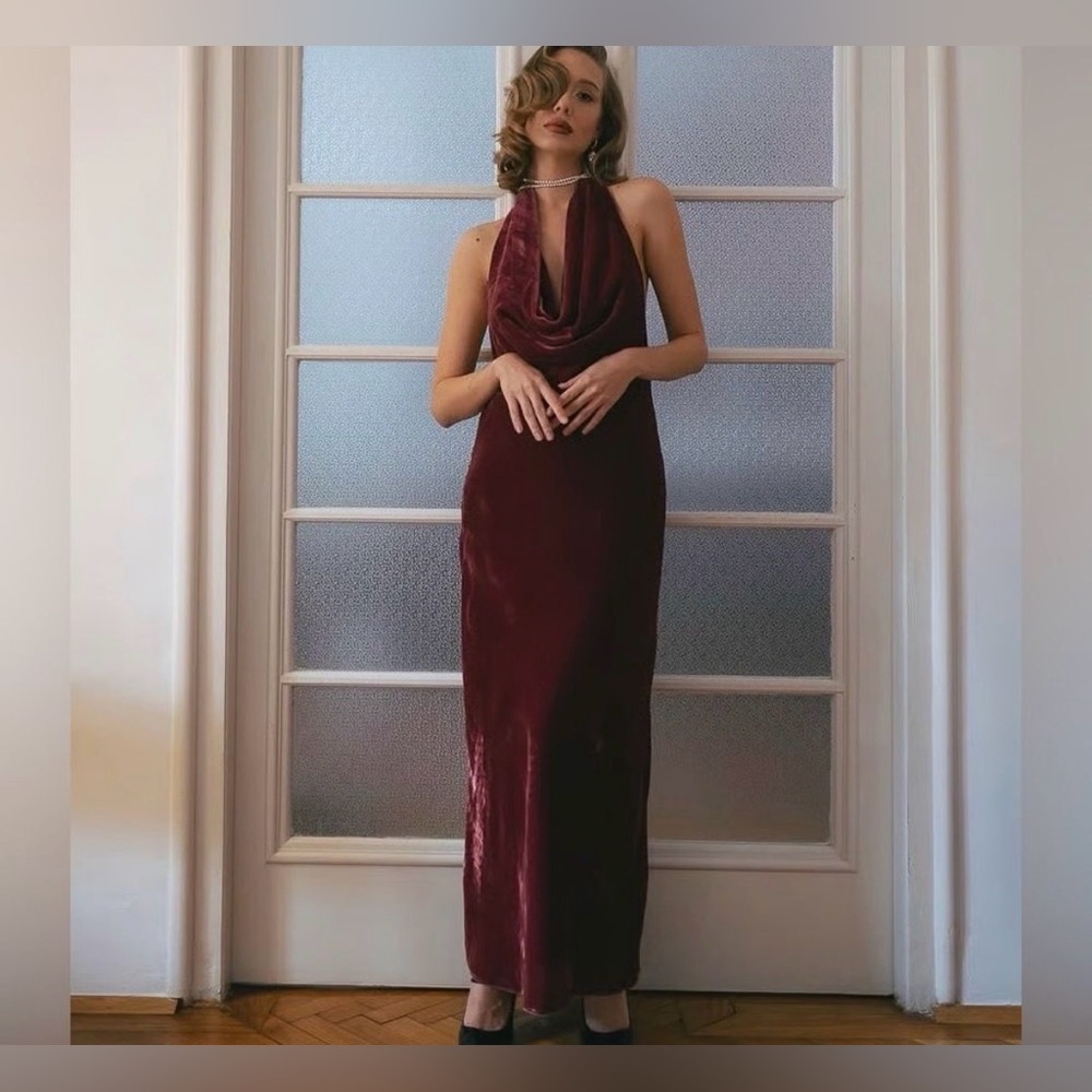 Zara Raspberry Velvet Halter Maxi Dress Blogger Favorite Draped Open Back Size M